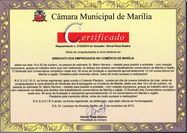 Diretoria do Sindicato recebe votos de congratulações da Câmara Municipal