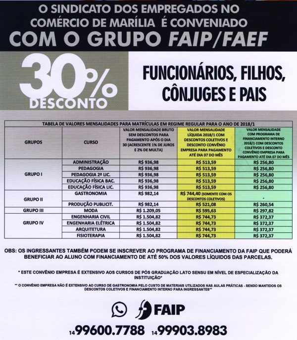 SINDICATO DOS COMERCIÁRIOS TEM NOVO CONVÊNIO COM FACULDADE