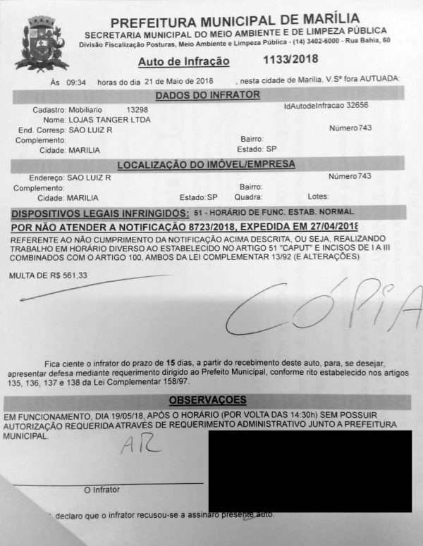 Lojas Tanger é autuada por abertura em horário irregular