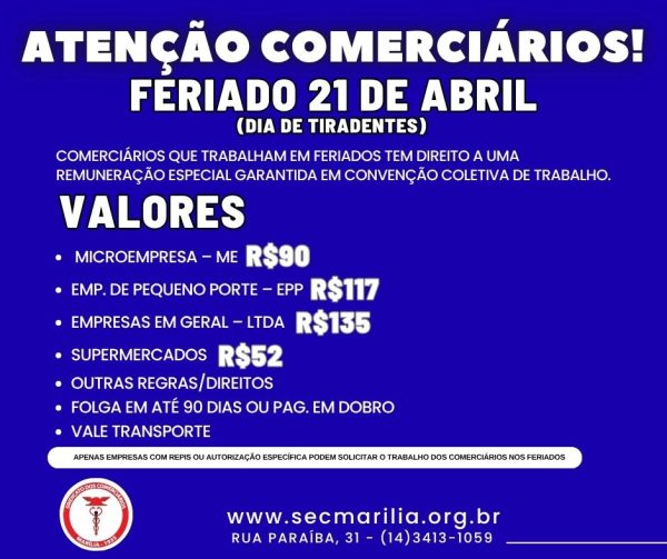 FERIADO DE TIRADENTES – Comerciários devem receber pelo trabalho