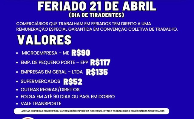 FERIADO DE TIRADENTES – Comerciários devem receber pelo trabalho