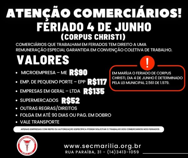 COMERCIÁRIOS DEVEM RECEBER PELO TRABALHO NO FERIADO DE CORPUS CHRISTI, DIA 4