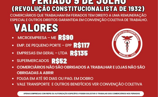 #htmlcaption_2285 COMERCIÁRIOS DEVEM RECEBER PELO TRABALHO NO FERIADO DE 9 DE JULHO